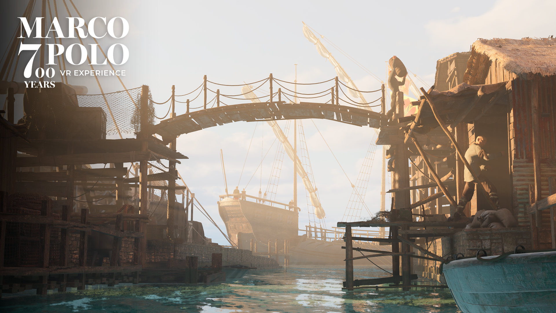 Scena in realtà virtuale di Marco Polo VR: un porto veneziano con ponte e nave mercantile