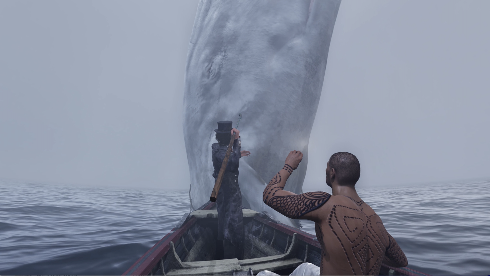 Scena in realtà virtuale di Moby Dick Experience: la lancia del Pequod di fronte alla Balena Bianca